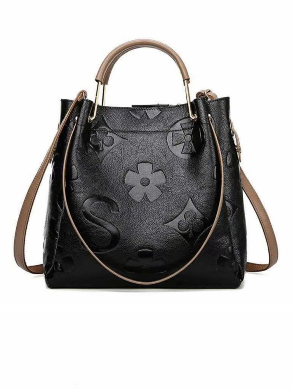 Genuine Cowhide Leather Women's Handbag Black Large Capacity Shoulder Bucket